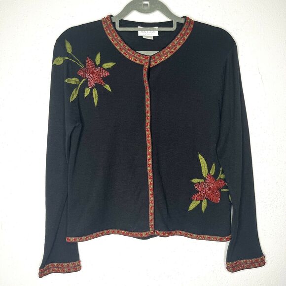 Silk Club Vintage Black Silk Cardigan Beaded Holiday Poinsettia size PM - Picture 1 of 6